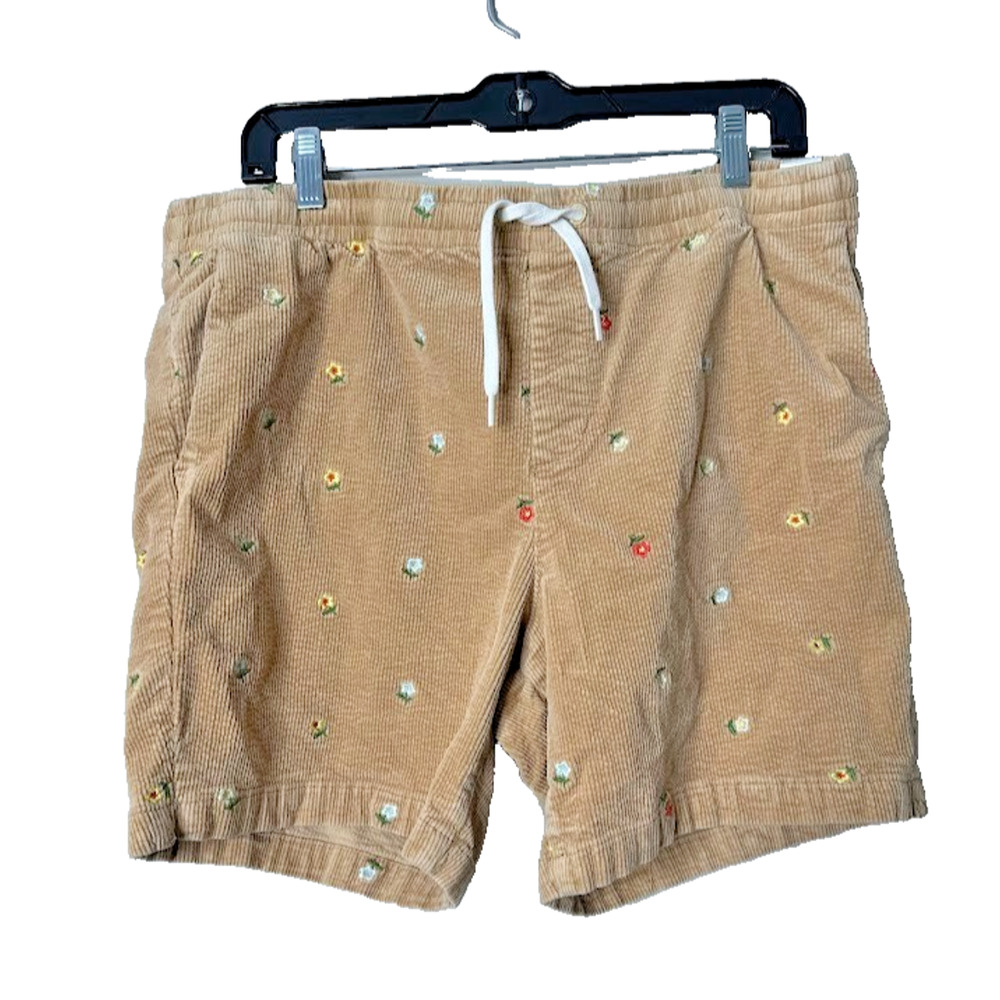 PacSun Men's Volley Corduroy Shorts Floral Embroidery Size L Pull On Drawstring